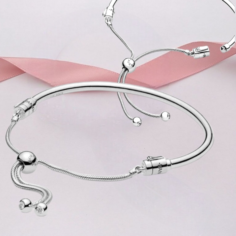 Like New 🩶 Pandora Moments Sterling Silver Slider Bangle Bracelet With CZ